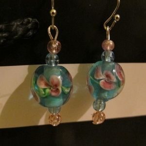 one of a kind blue bead with flower earrings